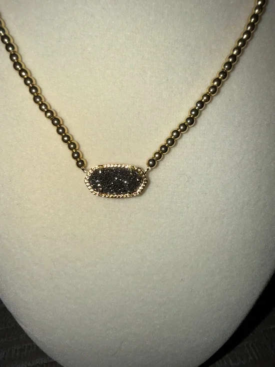 Gold Bead Necklace with Black Druzy Oval Pendant - Picture 2 of 2